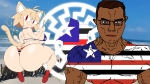 animal ass cat_ears cat_eyes character:chudjak character:neco_arc fireworks flag flag:maranhão fur holding_object irl_background maranhão red_eyes sonnenrad star star_(symbol) white_sun yellow_hair // 1920x1080 // 1.2MB