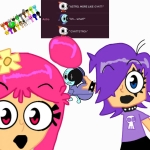 character:ami_onuki character:astro_novalite character:shrimpo_the_shrimp character:two_pointing_soyjaks character:yumi_yoshimura clothes dandy's_world eyelashes flower hait hi_hi_puffy_amiyumi meta:deleted_from_soybooru open_mouth pink_hair purple_hair skull sprunki // 1000x1000 // 325KB