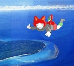 album_cover animal_ears beach blush boots cat cat_ear character:tama cloud full_body island kingofthering masayoshi_takanaka ocean oceanscape red_hair skirt skydiving socks sweater tail text thumbs_up // 2480x2232 // 4.7MB