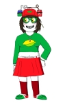 blush bracelet braces brown_hair can character:sprokechan coca_cola coke crocs drinking_helmet female freckles full_body glasses green_glasses green_shirt hand_on_hip lemon looking_to_the_left red_skirt skirt sock sprite sproke yellow_eyes // 1352x2196 // 136KB