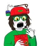 blush braces brown_hair can character:sprokechan coca_cola coke drinking_helmet eating female freckles glasses green_glasses green_shirt lemon open_mouth seed sneed sprite sproke sunflower sunflower_seed yellow_eyes // 816x892 // 62KB